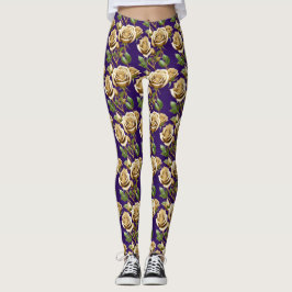 Legging Rosas Douradas Com Folhas Verdejantes