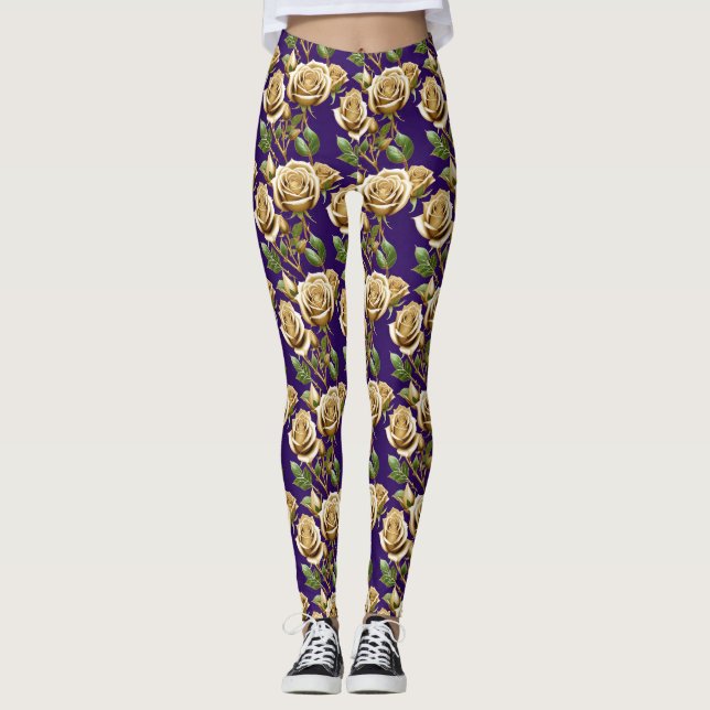 Legging Rosas Douradas Com Folhas Verdejantes (Frente)