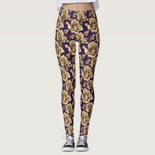 Legging Rosas Douradas Metálicas Sobre um Fundo Roxo Inten
