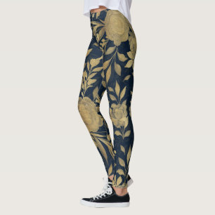 Legging Rosas Dourados Elegantes Marinho Floral - Design A