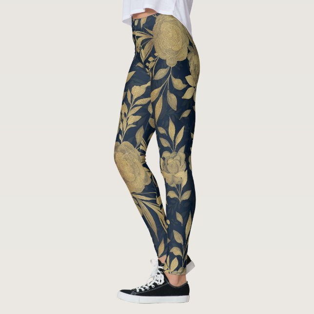 Legging Rosas Dourados Elegantes Marinho Floral - Design A (Esquerda)