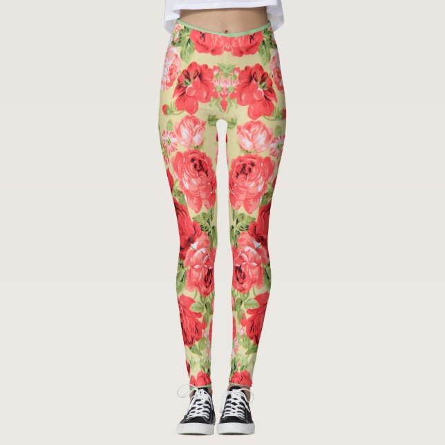 Legging Rosas e folhas padrão floral (Frente)