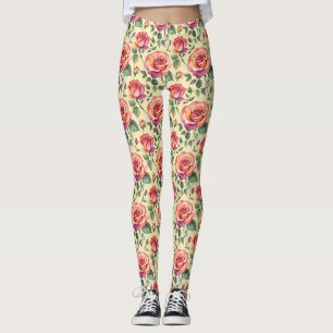 Legging Rosas em Aquarela em Tons de Coral e Magenta
