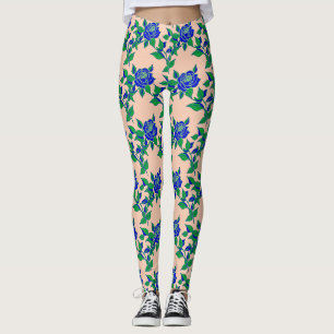 Legging Rosas em Azul Elétrico Marcante com Folhas Verdes