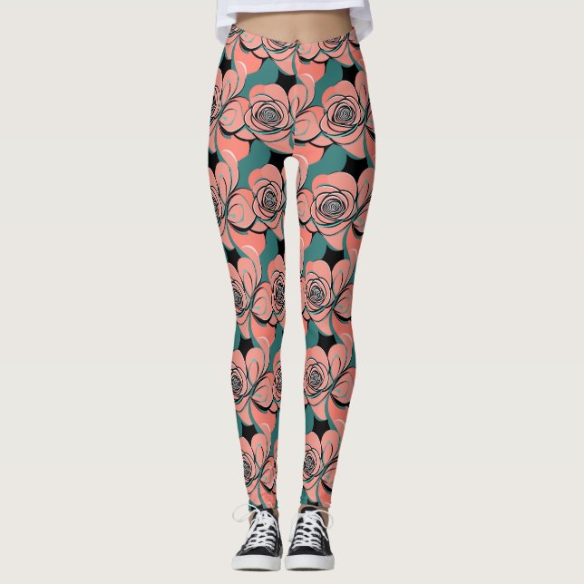 Legging Rosas Geométricas em Tons de Preto e Azul Turquesa (Frente)