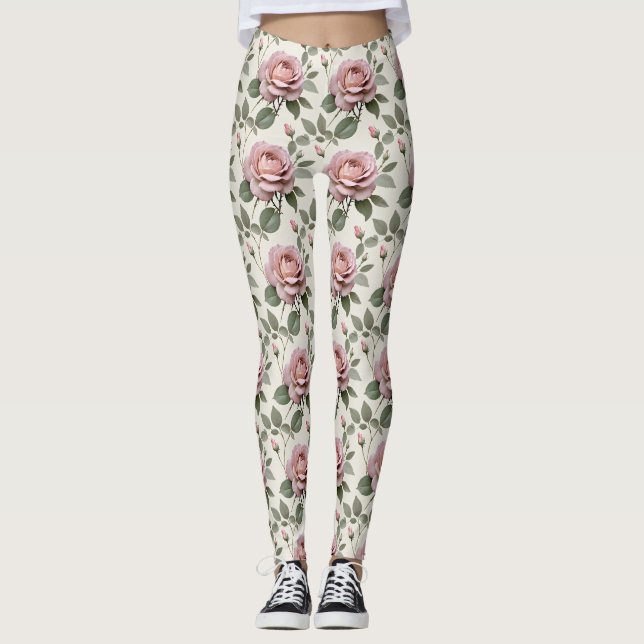 Legging Rosas Inglesas Clássicas em Tons Suaves de Rosa (Frente)