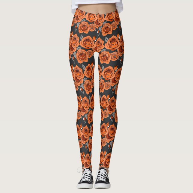 Legging Rosas Laranja Enferrujadas Quentes (Frente)