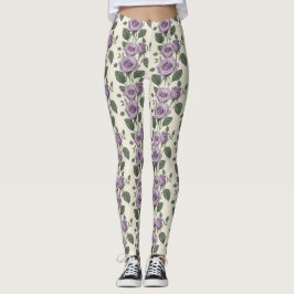 Legging Rosas Lavanda Com Folhas Prateadas E Verdes