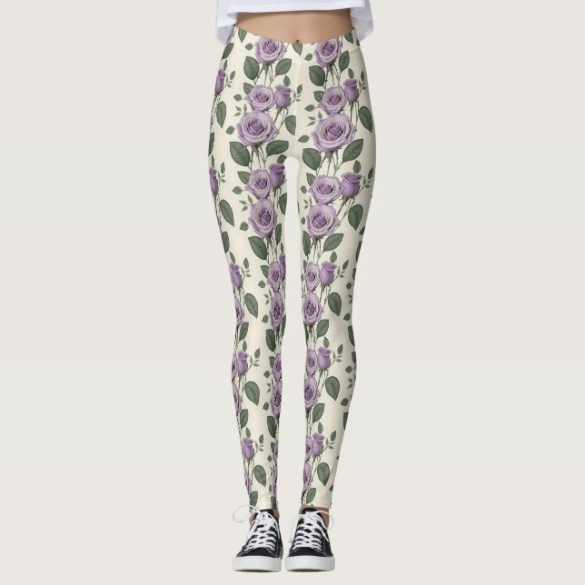 Legging Rosas Lavanda Com Folhas Prateadas E Verdes (Frente)