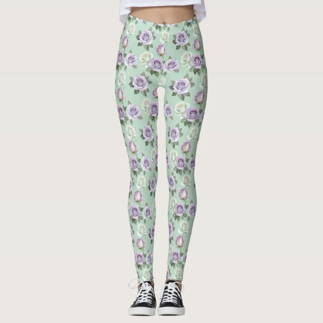 Legging Rosas Lilás Suaves E Brancas Com Efeitos De Aquare (Frente)