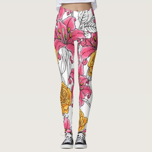 Legging Rosas Lírios Padrão Desenho Da Mão (Frente)