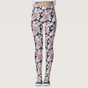 Legging Rosas Luxuosas Azuis Escuras Com Detalhes Brancos