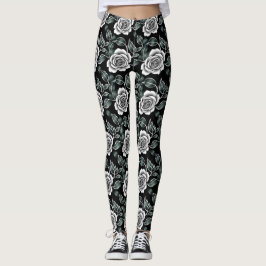 Legging Rosas Prateadas Metálicas Com Folhas Verde Escuro