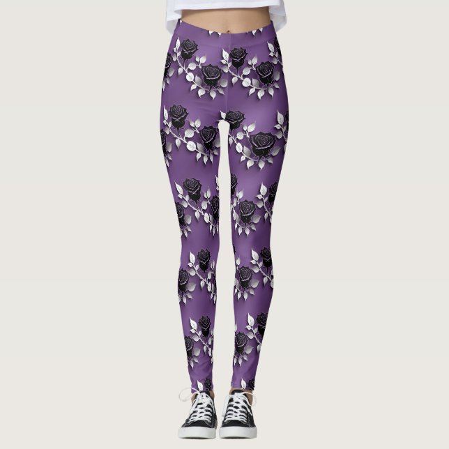 Legging Rosas Pretas Elegantes Com Folhas de Prata (Frente)