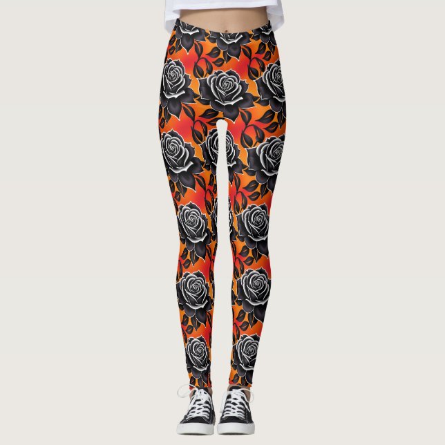 Legging Rosas Pretas Escuras Com Contornos Brancos (Frente)