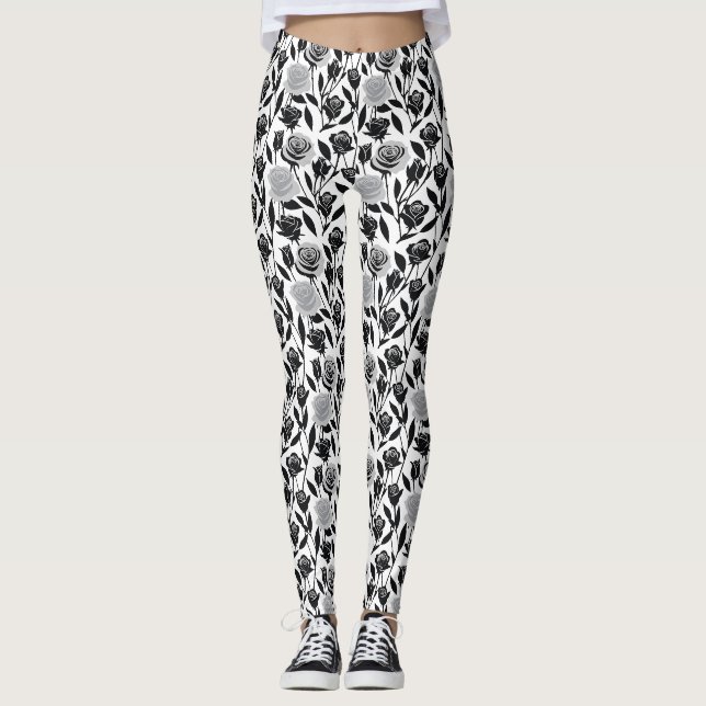 Legging Rosas Pretas Minimalistas Com Caules Cinza Claro (Frente)