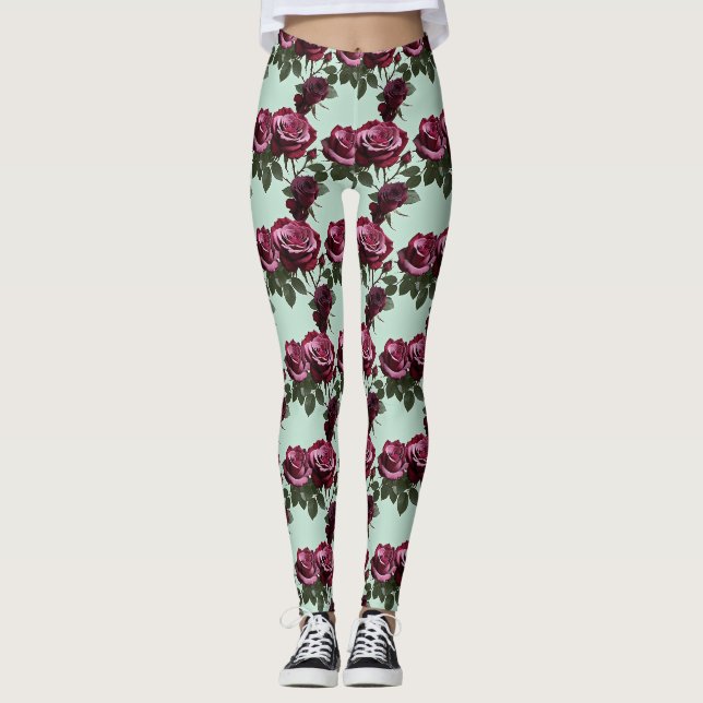 Legging Rosas Ricas Roxas E Vermelhas Profundas Em Um Verd (Frente)