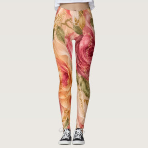 Legging Rosas Românticas e Padrão Floral Brilho Dourado