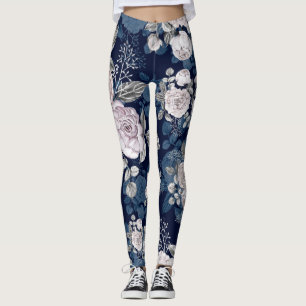 Legging Rosas Rosa Azul Escuro: Vintage