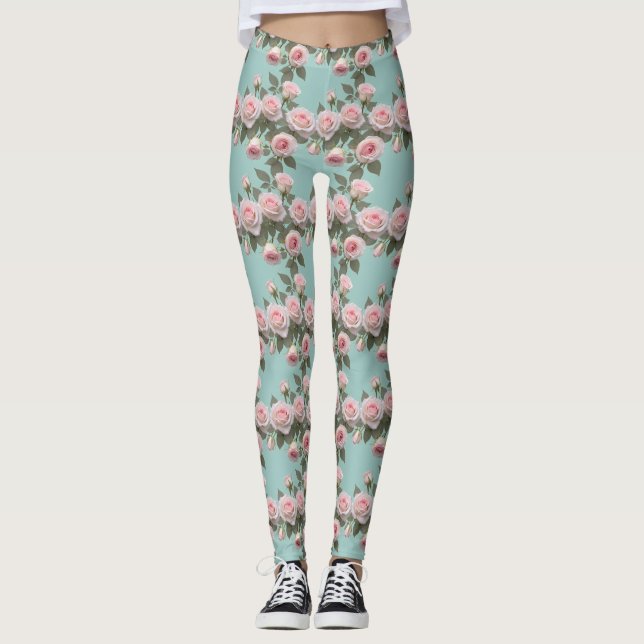 Legging Rosas Rosa Bebê Com Folhas Verde-Salvia (Frente)