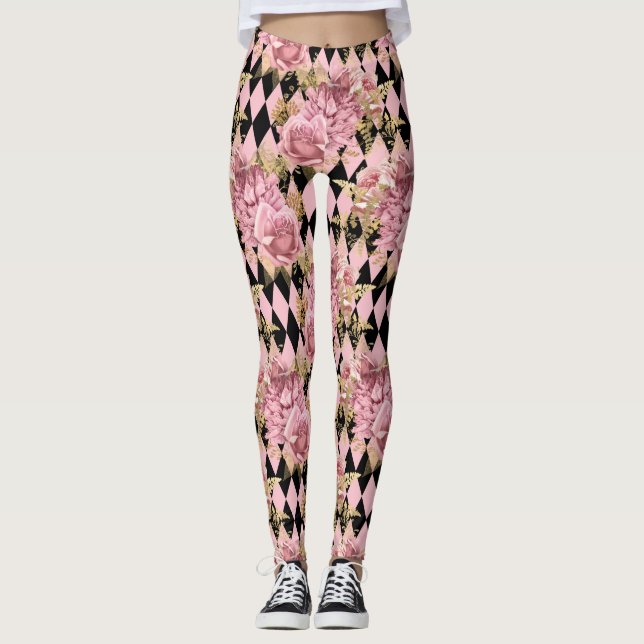 Legging Rosas Rosa e Arlequim (Frente)