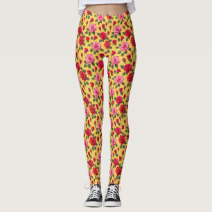 Legging Rosas Rosa e Vermelhas Alegres em um Amarelo Ensol