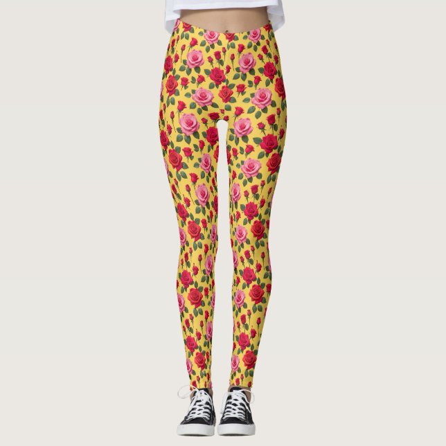 Legging Rosas Rosa e Vermelhas Alegres em um Amarelo Ensol (Frente)
