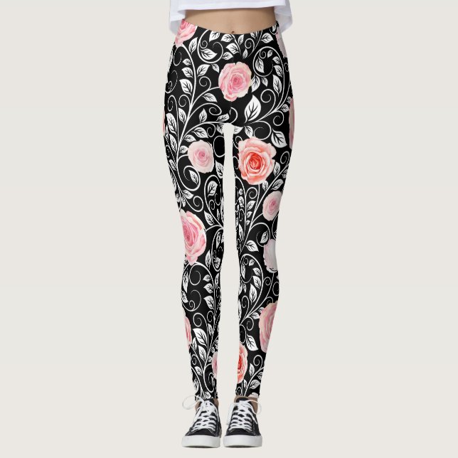 Legging Rosas Rosa em Preto (Frente)