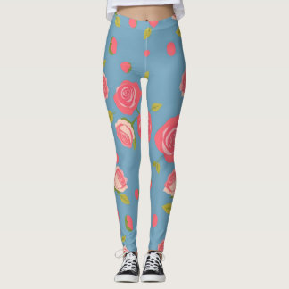 Legging Rosas Rosa no Fundo Azul