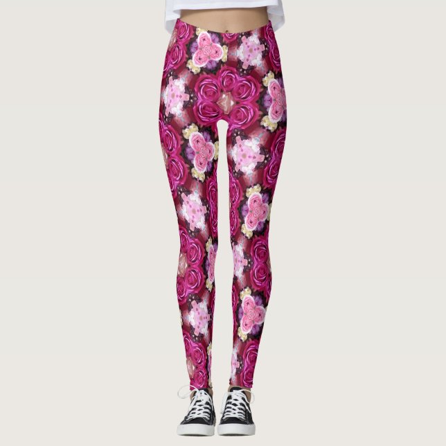 Legging Rosas rosa padrão floral (Frente)