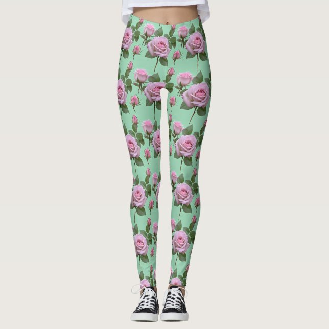 Legging Rosas Rosa Suave Com Destaques Lavanda Sutis (Frente)