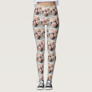 Legging Rosas Rosa Suave Com Folhas Douradas Delicadas