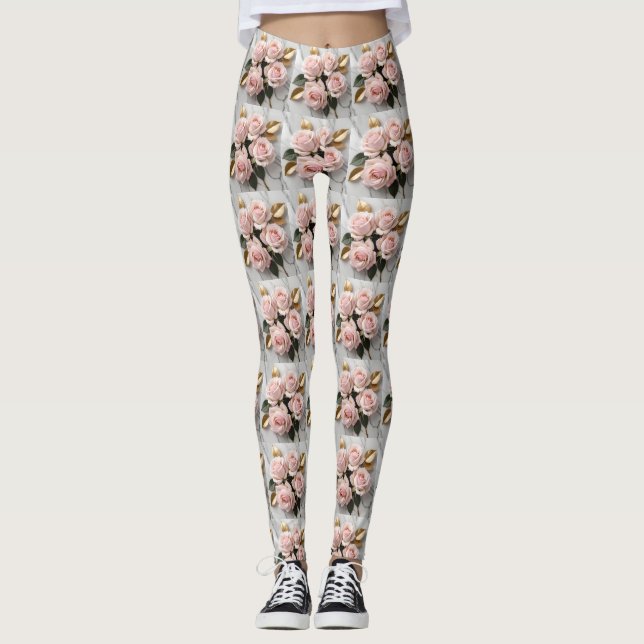Legging Rosas Rosa Suave Com Folhas Douradas Delicadas (Frente)