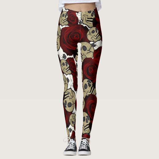 Legging Rosas Vermelhas & Caveiras Flora Negra Gótica Bran (Frente)