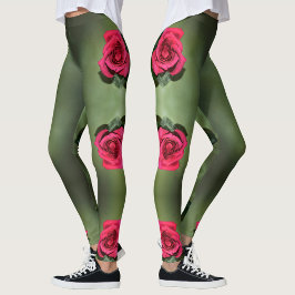 Legging Rosas Vermelhas Clássicas Elegante Floral Verde