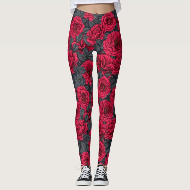 Legging Rosas vermelhas com folhas de cinza em preto (Frente)