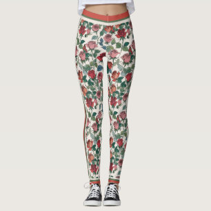 Legging Rosas vermelhas Com Folhas De Tronco Longas Com Fa