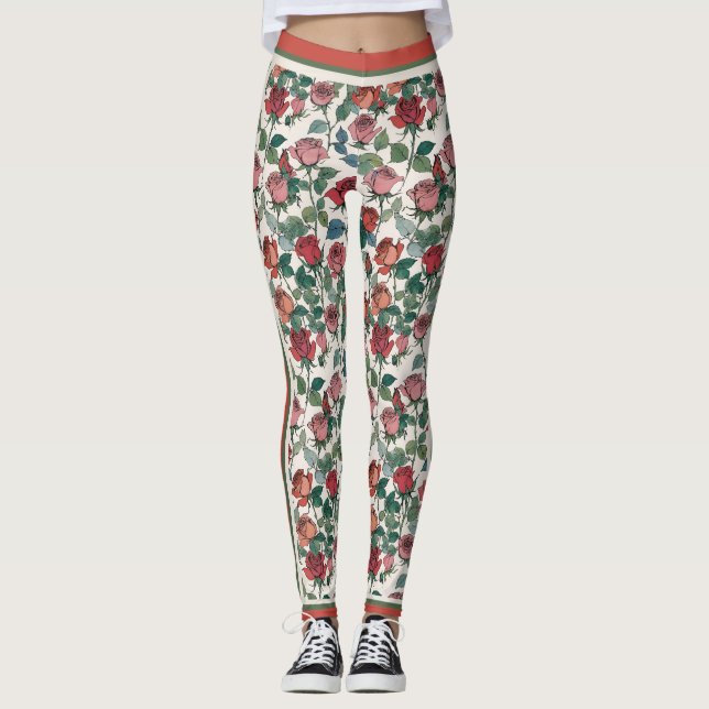 Legging Rosas vermelhas Com Folhas De Tronco Longas Com Fa (Frente)