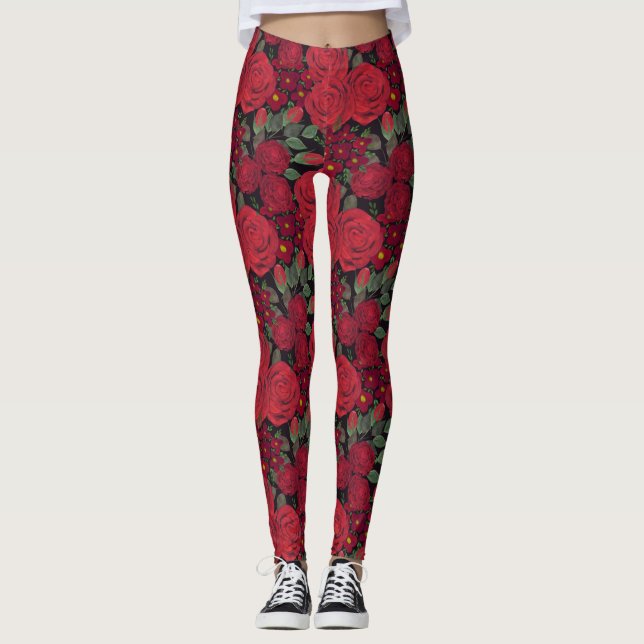 Legging rosas vermelhas de aquarela a preto, (Frente)