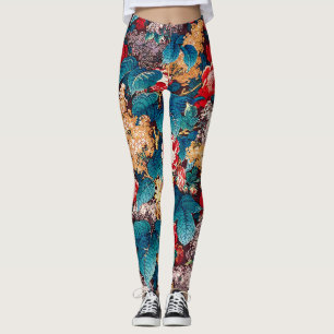 Legging Rosas vermelhas de vindima e padrão floral lilás