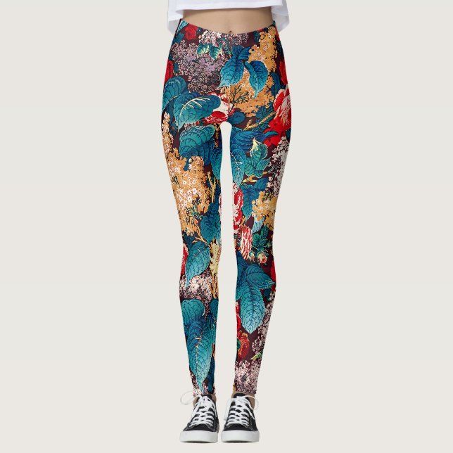 Legging Rosas vermelhas de vindima e padrão floral lilás (Frente)