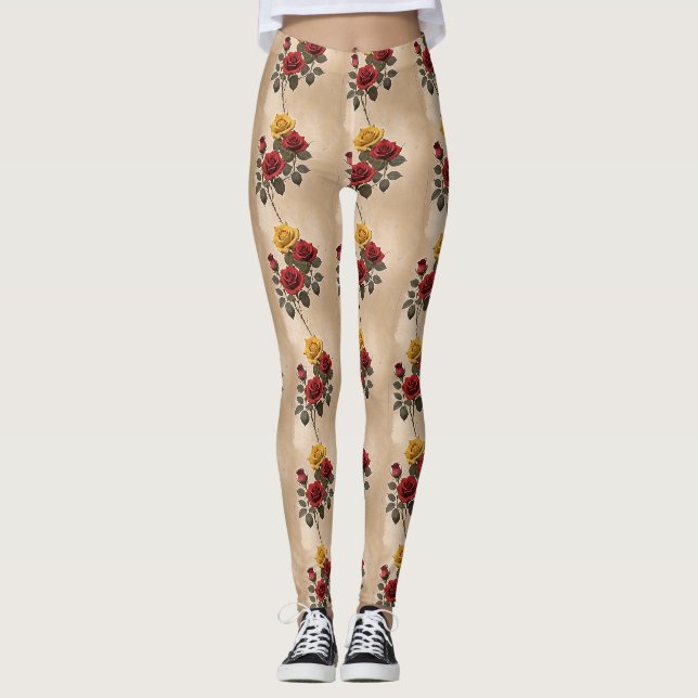 Legging Rosas Vermelhas e Amarelas Inspiradas em Vintage (Frente)