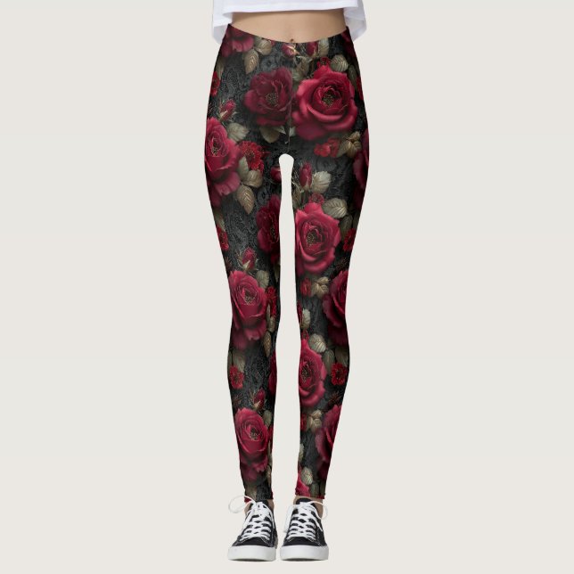 Legging Rosas vermelhas e Buds Românticos Escuros no Lace  (Frente)