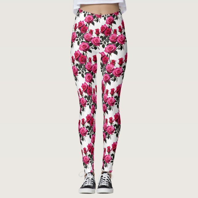 Legging Rosas Vermelhas e Rosadas Agrupadas em um Fundo Br (Frente)