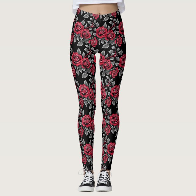Legging Rosas Vermelhas Em Um Fundo Preto (Frente)