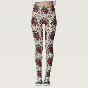 Legging Rosas Vermelhas Escuras Com Folhas Verdes