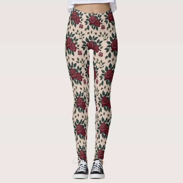 Legging Rosas Vermelhas Escuras Com Folhas Verdes (Frente)