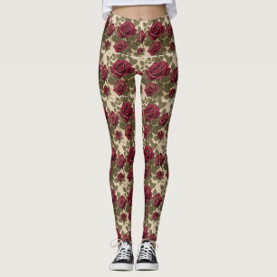 Legging Rosas Vermelhas Escuras Com Folhas Verdes Desbotad