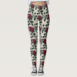 Legging Rosas Vermelhas Glossy Com Folhas Verde Escuro
