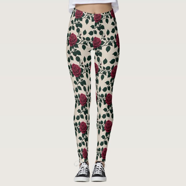 Legging Rosas Vermelhas Glossy Com Folhas Verde Escuro (Frente)